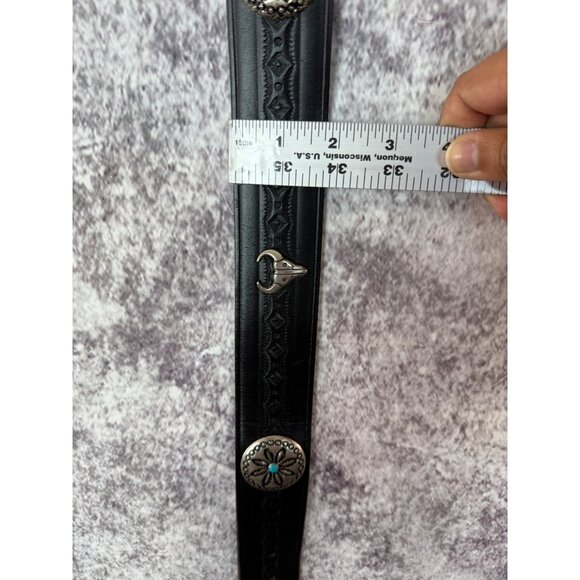 Leather Belt Silver womens M 34"L Black Buckle Bull Conchos Turquoise Western - Picture 12 of 14